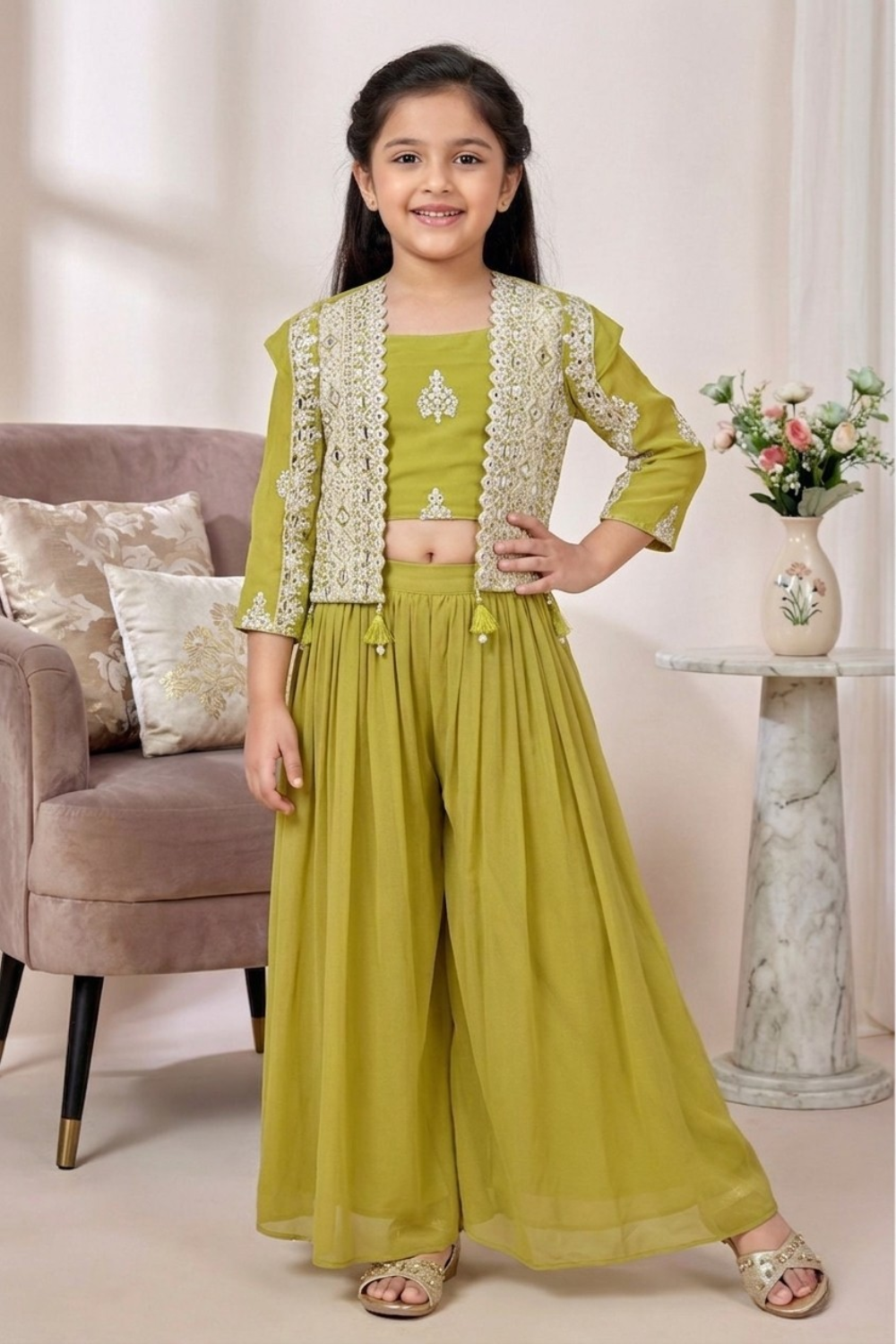 Olive Green Mul Chanderi Crop Top & Palazzo Set for Girls