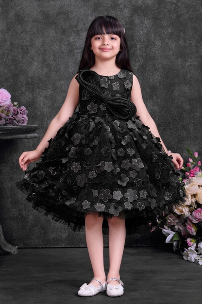 Girls Black Floral Applique Party Frock with Detachable Tail