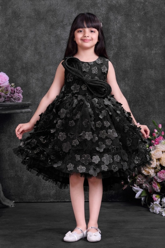 Girls Black Floral Applique Party Frock with Detachable Tail