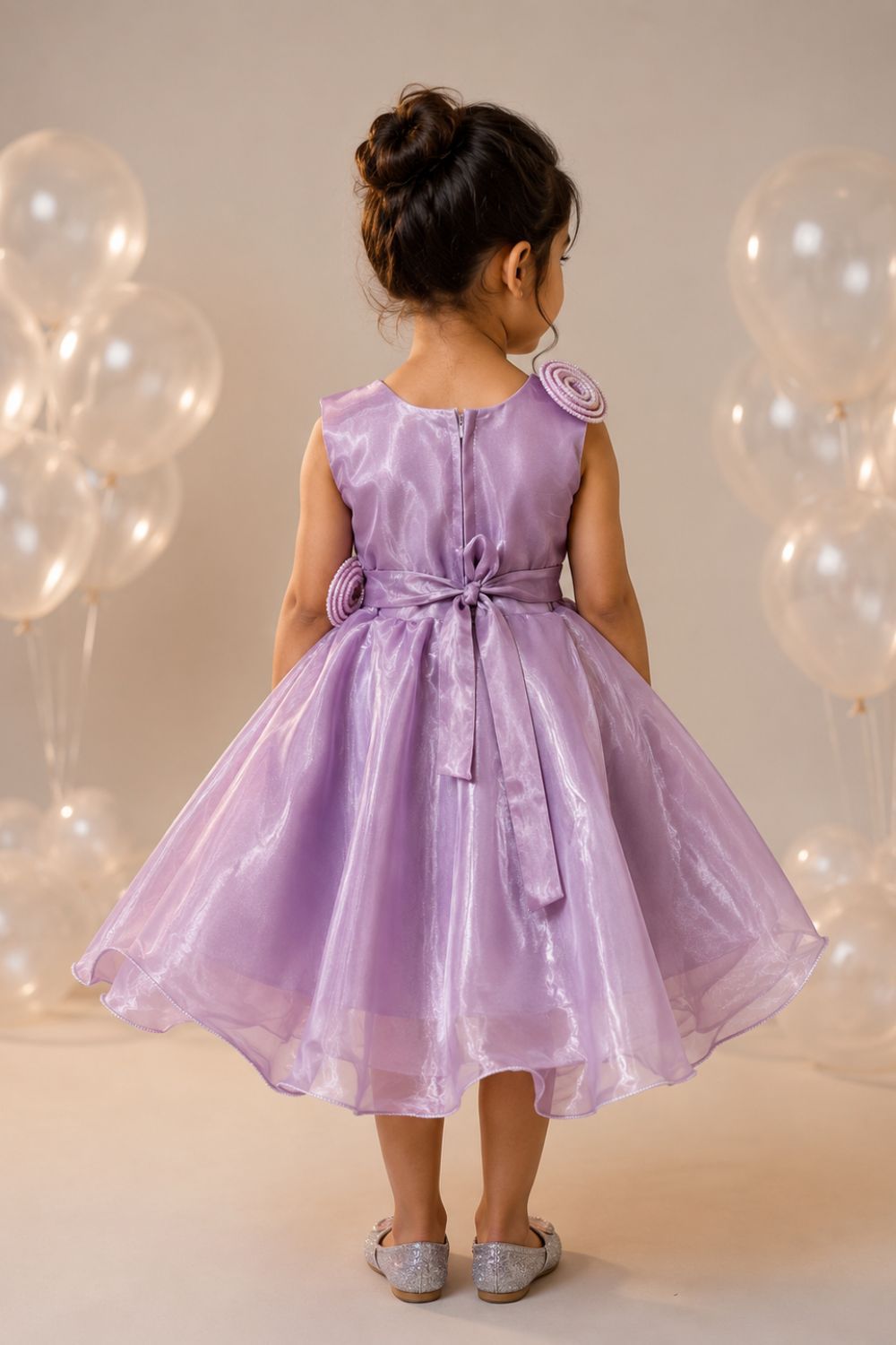 Girls Lilac Organza Floral Party Dress with Layered Ruffle Skirt