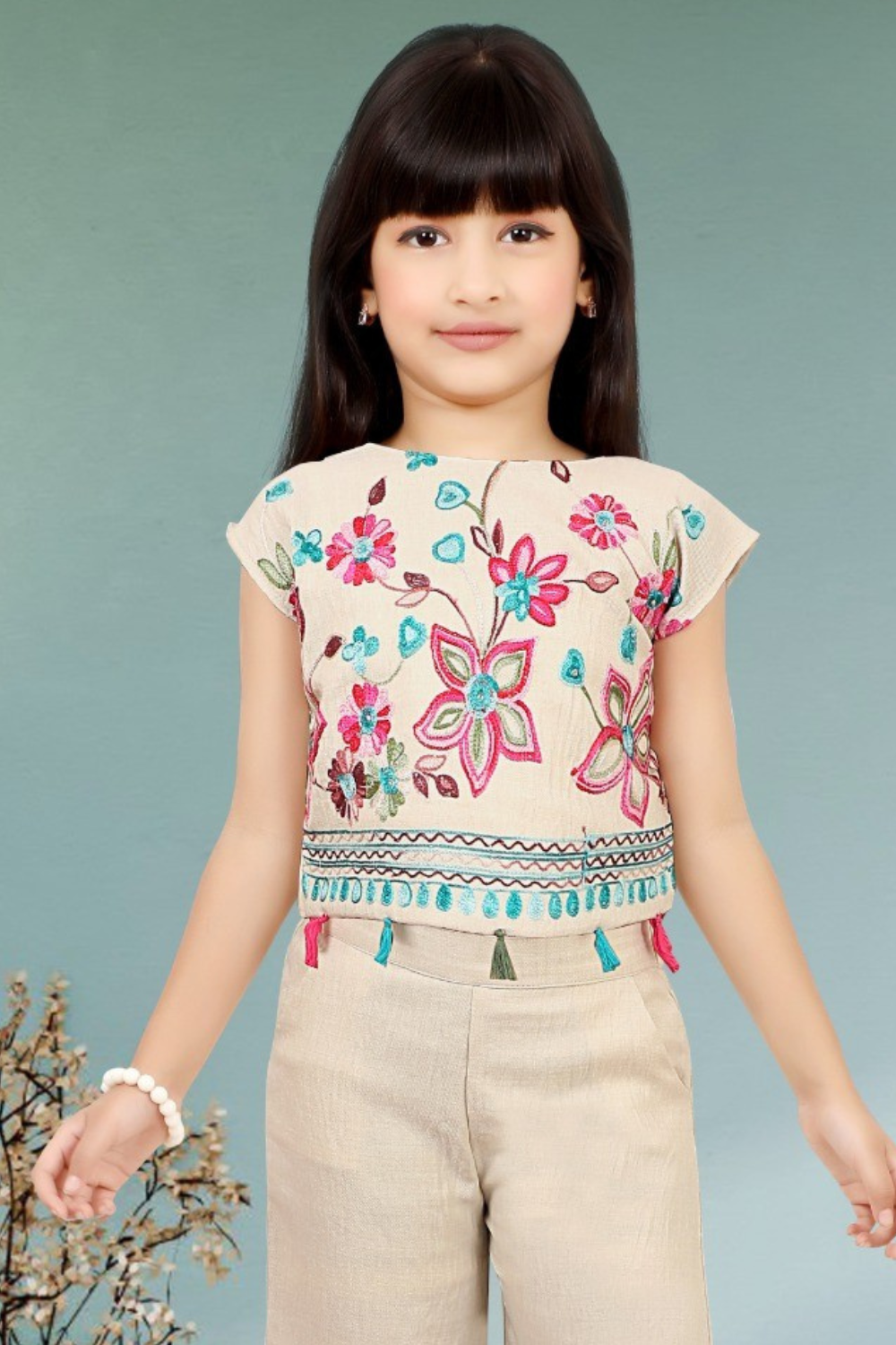 Beige Linen Cotton Blend Floral Embroidered Top & Palazzo Set for Girls