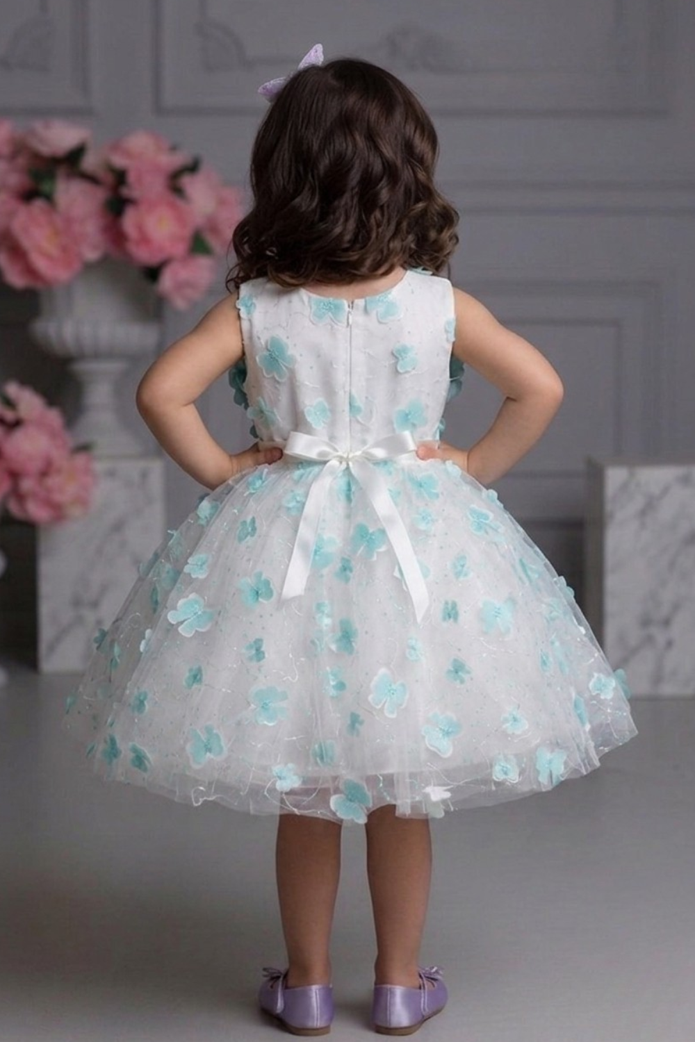 Girls White & Aqua Floral Embellished Party Frock