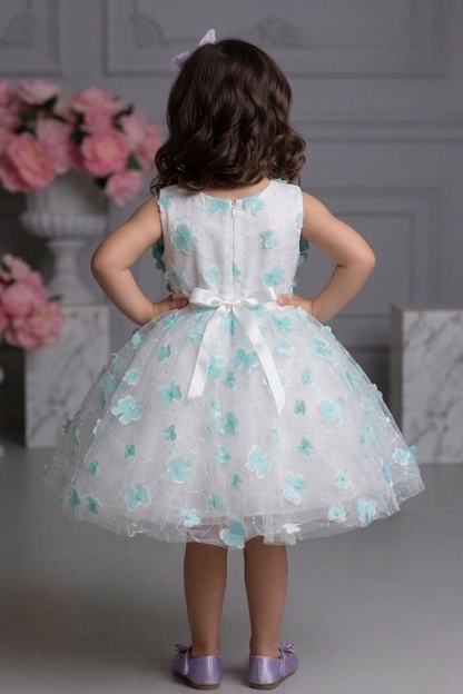 Girls White & Aqua Floral Embellished Party Frock