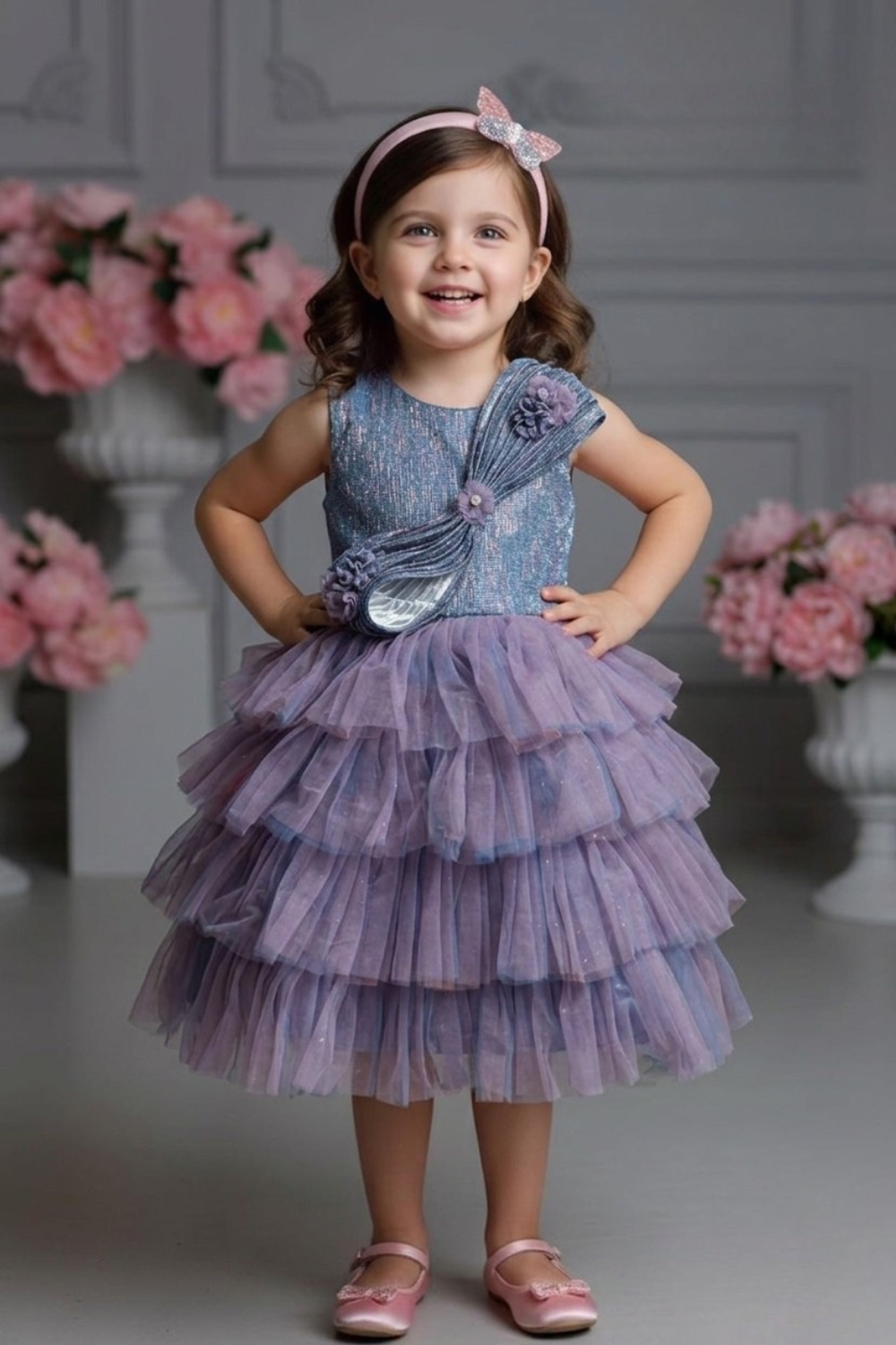 Girls Lavender Layered Net Party Frock with Designer Floral Drape