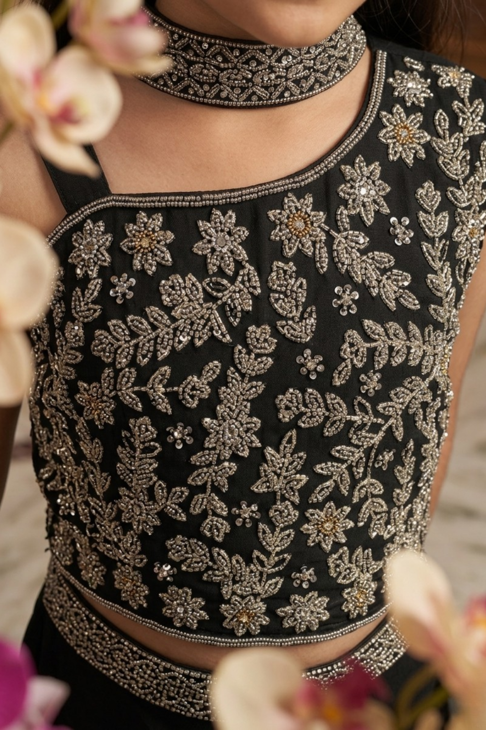 Black Pure Chinon Embroidered Crop Top & Palazzo Set for Girls