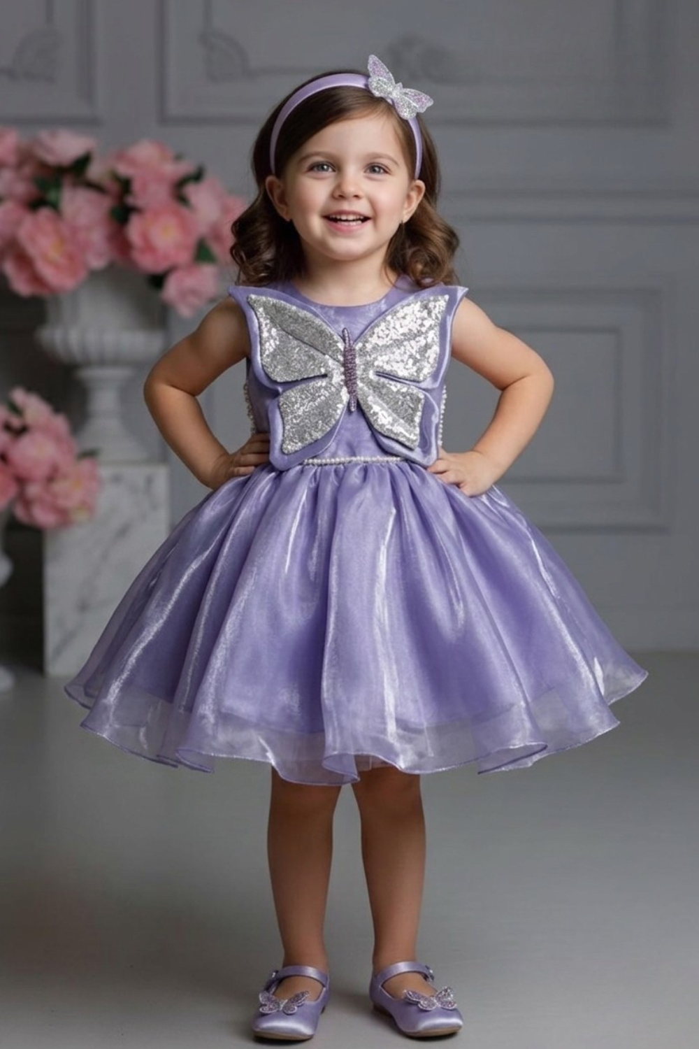 Lavender Butterfly Embellished Party Frock with Shimmer Flare