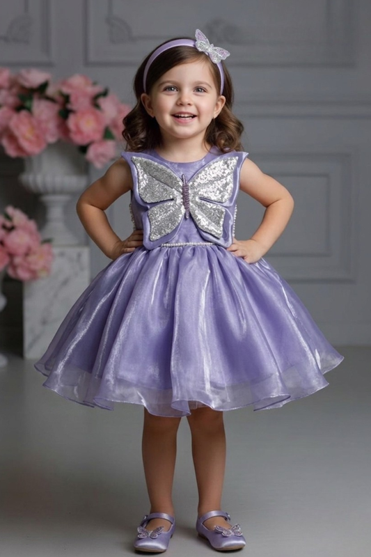 Lavender Butterfly Embellished Party Frock with Shimmer Flare