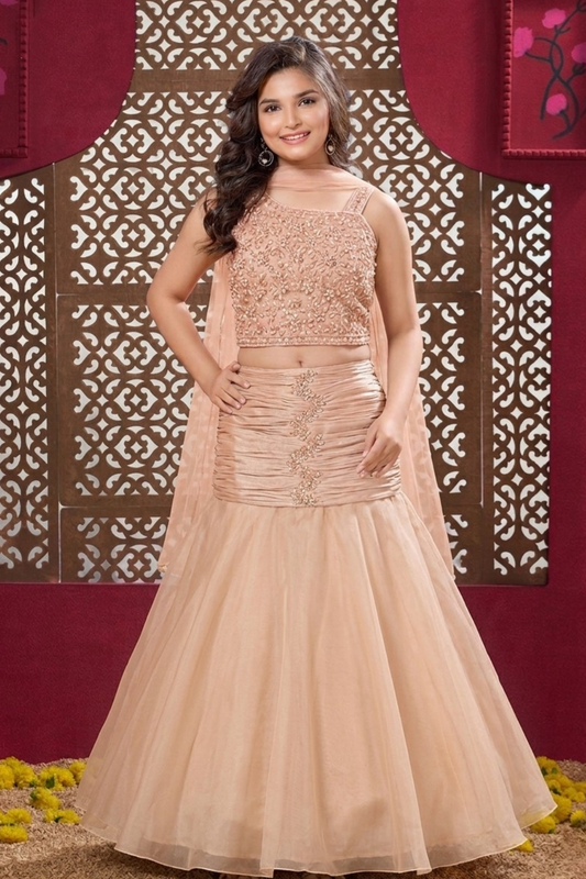 Peach Embellished Mermaid-Style Fish Cut Lehenga Choli For Girls