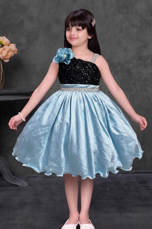 Powder Blue & Black One-Shoulder Party Frock with Sequin Bodice & Floral Accent