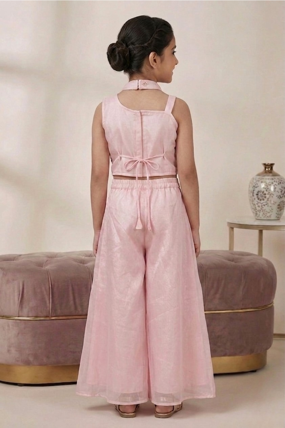 Baby Pink Pure Chinon Embroidered Crop Top & Palazzo Set for Girls