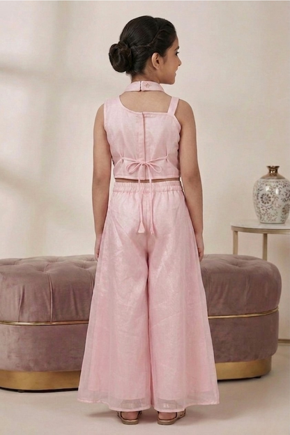 Baby Pink Pure Chinon Embroidered Crop Top & Palazzo Set for Girls