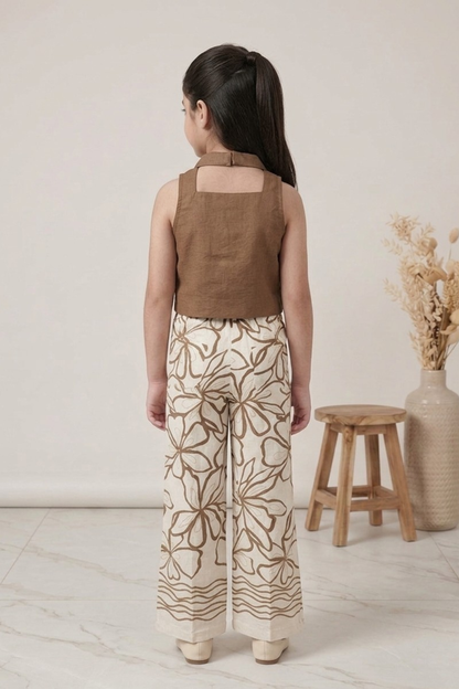 Mocha Brown Embellished Wrap Top & Printed Palazzo Set for Girls