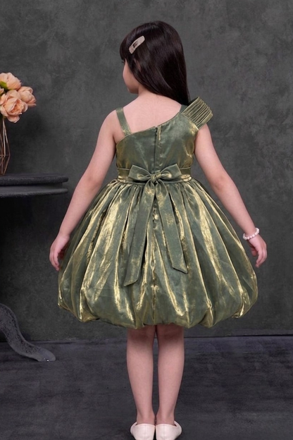 Girls Olive Green Floral One Shoulder Party Frock