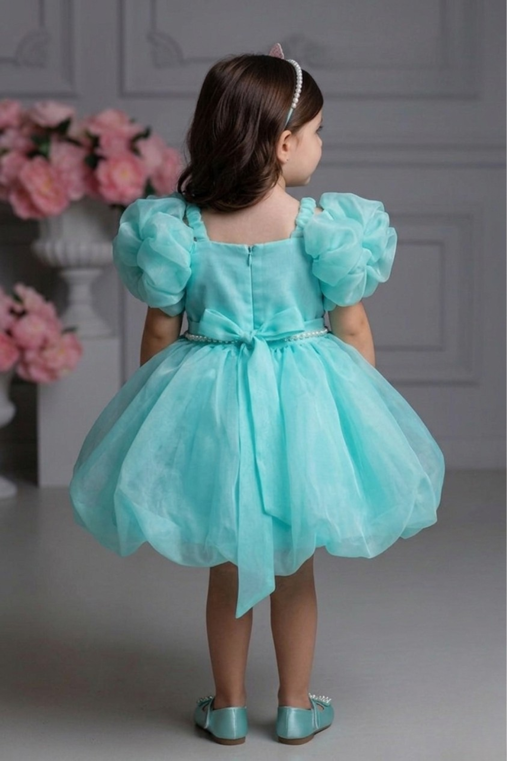 Girls Aqua Blue Puff Sleeve Party Frock with Pearl Detailing
