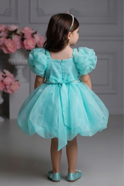 Girls Aqua Blue Puff Sleeve Party Frock with Pearl Detailing