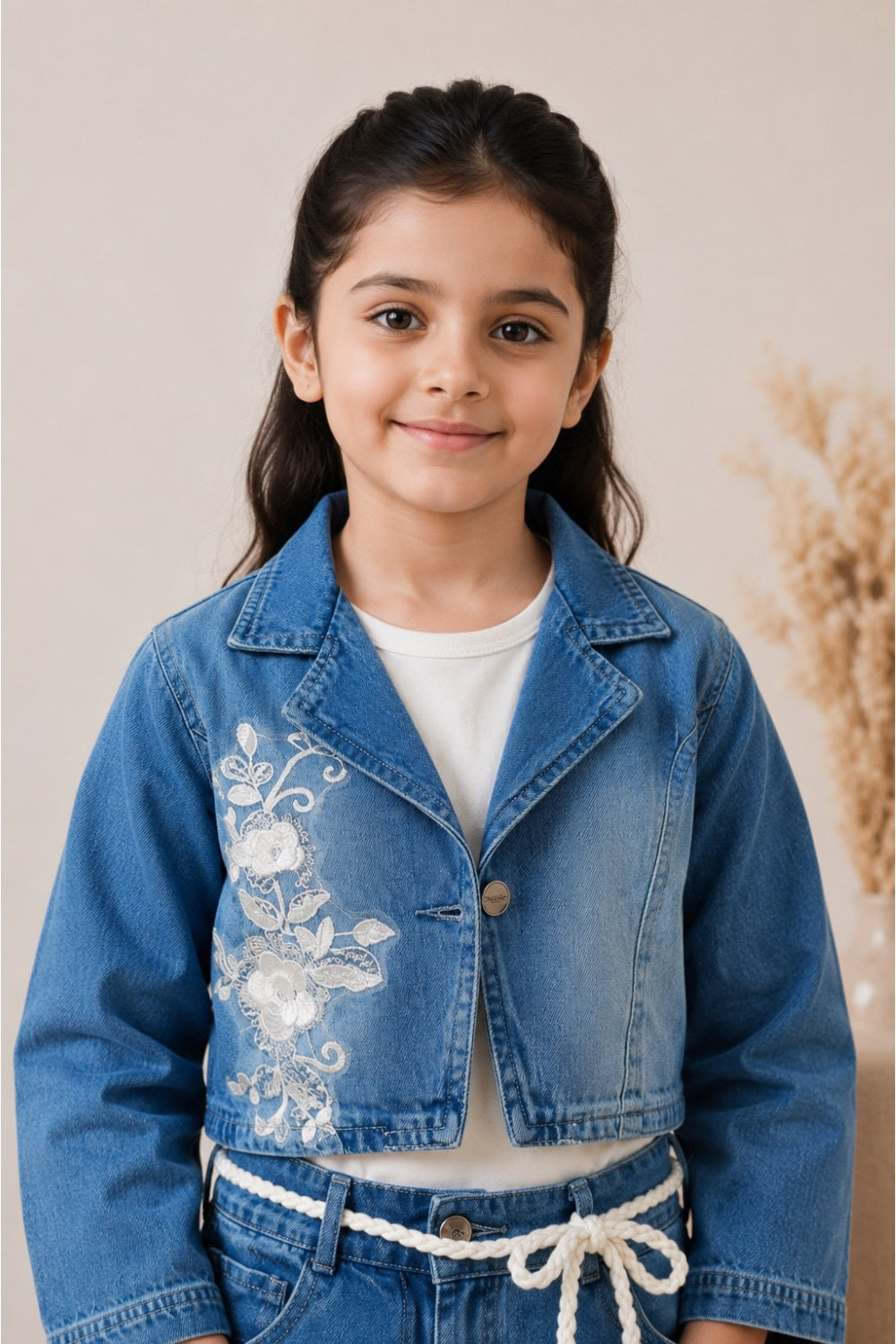 Girls Blue Denim Embroidered Co-Ord Set with White Inner Top (3-Piece Set)