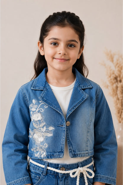 Girls Blue Denim Embroidered Co-Ord Set with White Inner Top (3-Piece Set)