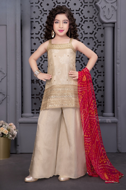 Ivory Chinon Kurta Palazzo Set for Girls with Bandhani Dupatta