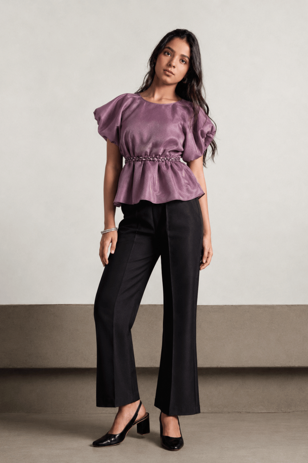 Girls Mauve Peplum Co-Ord Set with Puff Sleeves