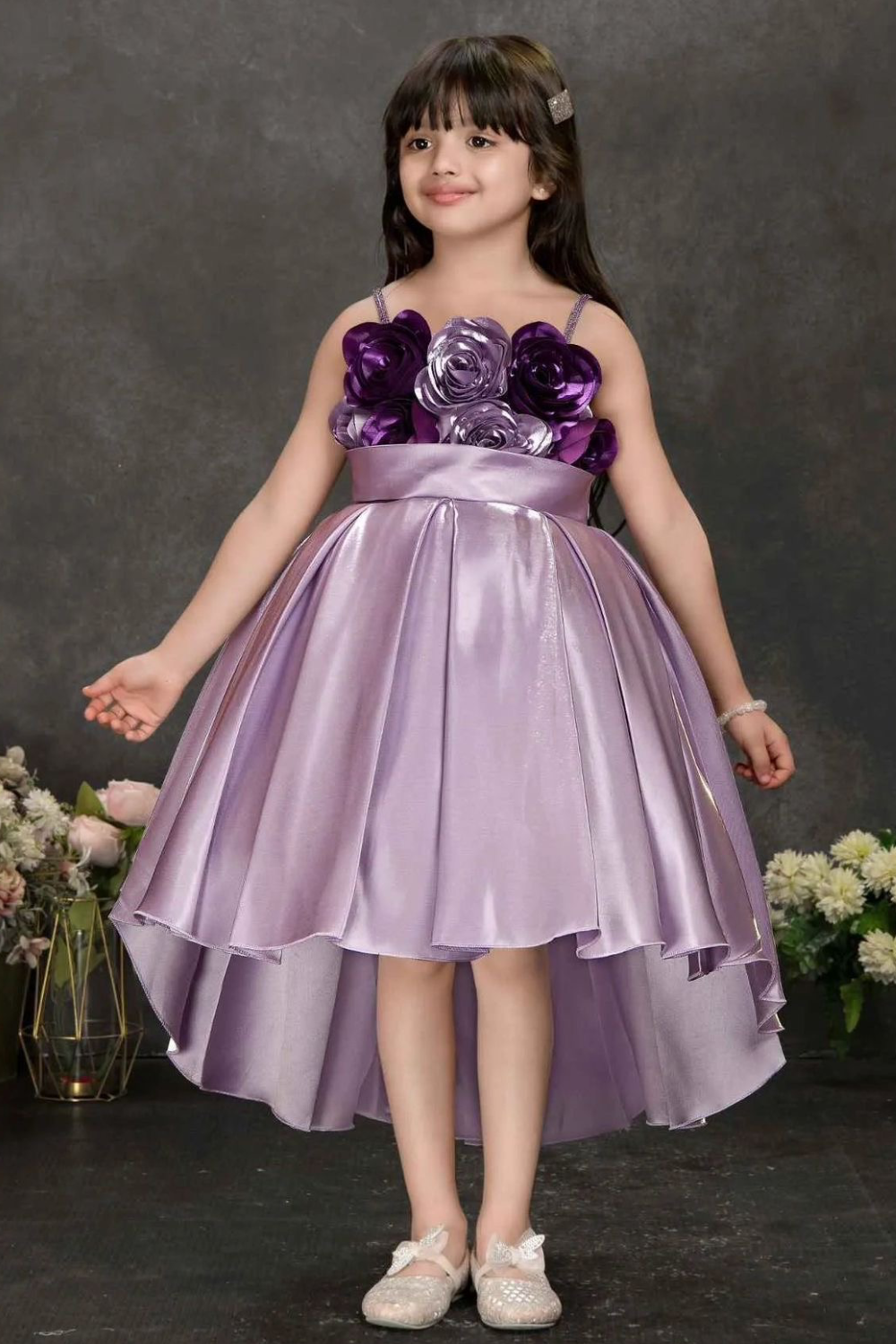 Girls Lavender Satin 3D Floral Party Frock