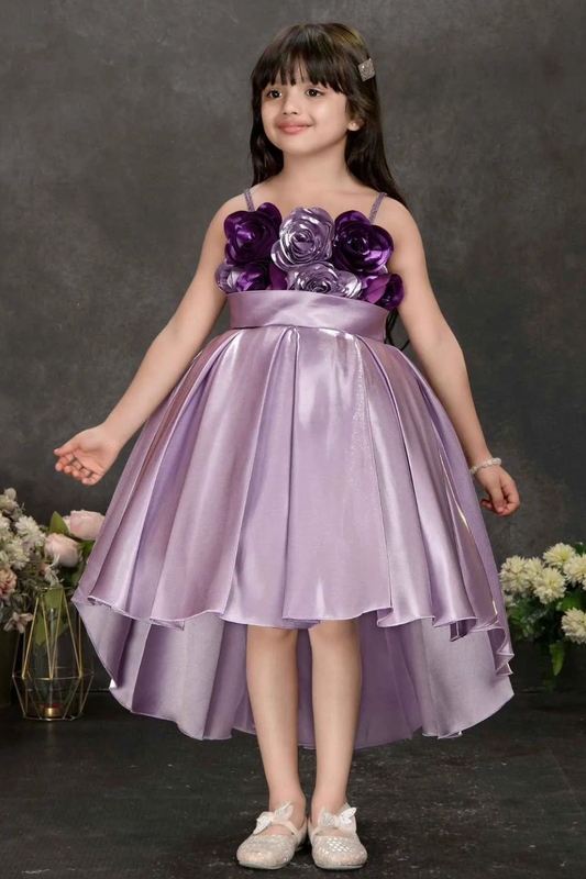 Girls Lavender Satin 3D Floral Party Frock