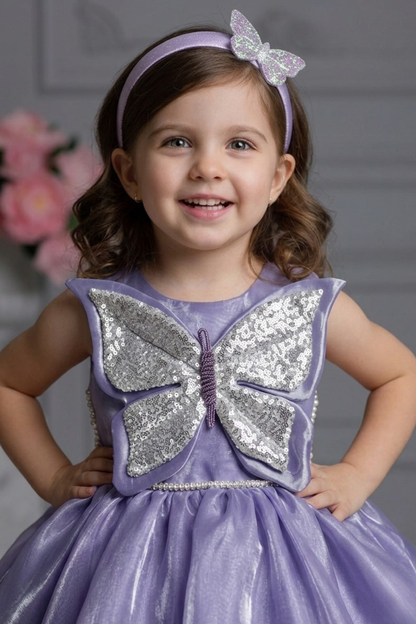 Lavender Butterfly Embellished Party Frock with Shimmer Flare