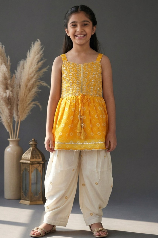 Mustard Yellow Cotton Patiala Set with Dupatta for Girls