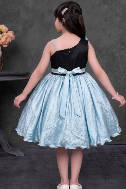 Powder Blue & Black One-Shoulder Party Frock with Sequin Bodice & Floral Accent