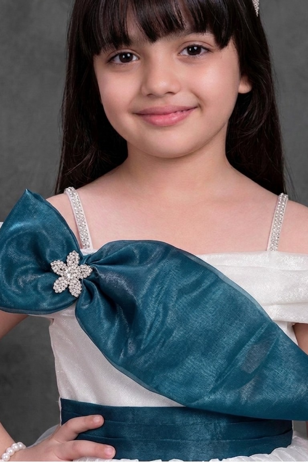 Girls Teal & Ivory Ombre Bow Party Frock