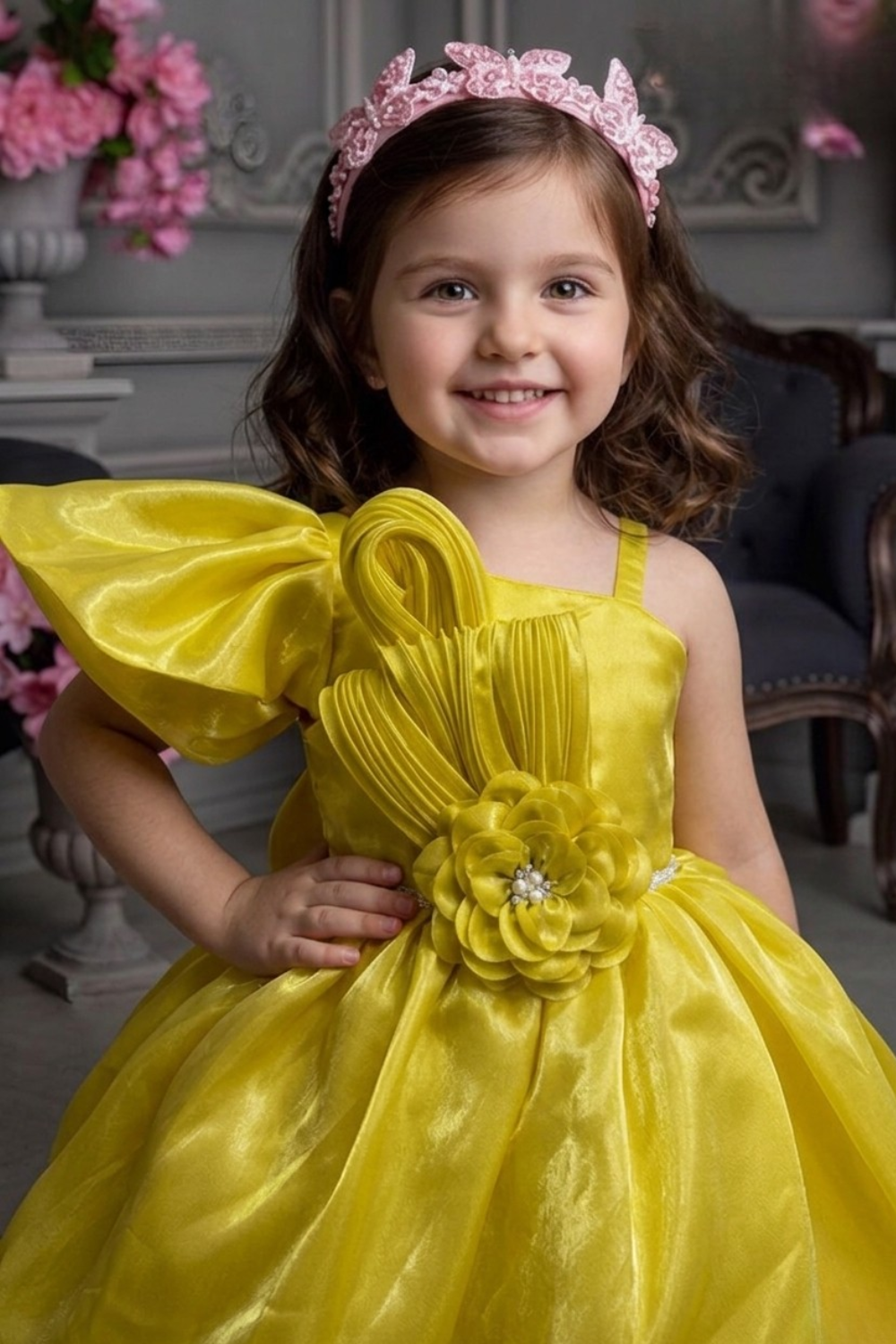 Girls Yellow One Shoulder Flower Detail Party Frock