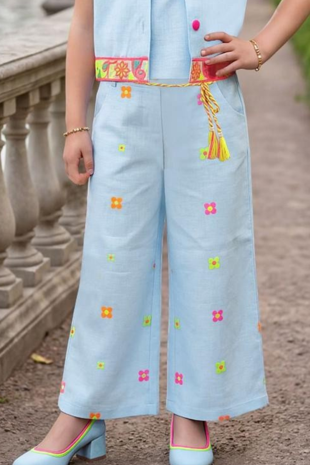 Sky Blue Linen Cotton Co-Ord Set for Girls with Floral Embroidery & Jacket