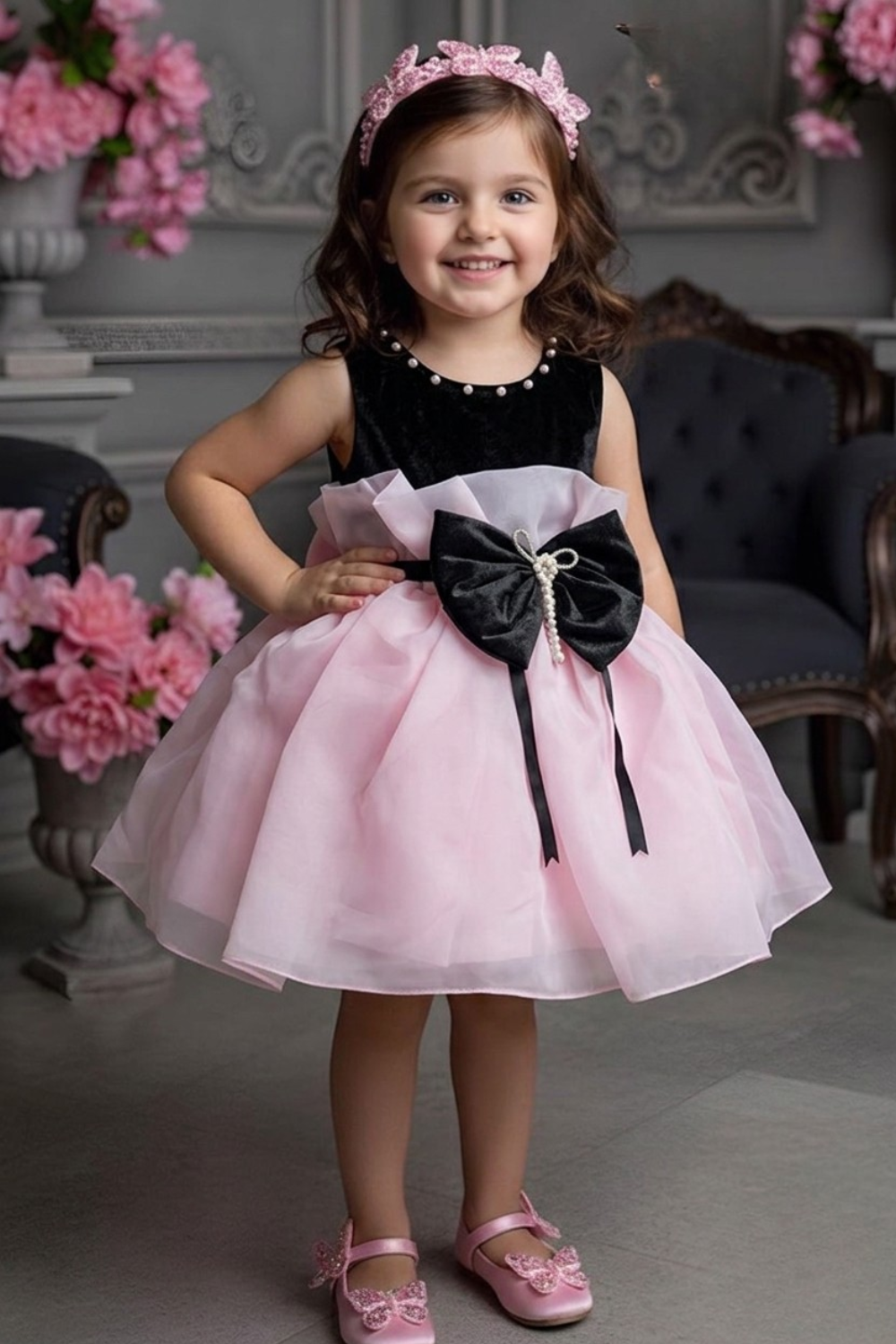 Girls Pink & Black Bow Detail Party Frock