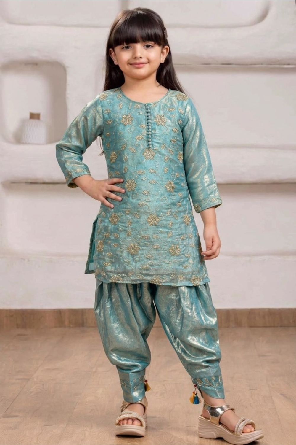 Sea Green Embroidered Kurta & Dhoti Pant Set for Girls