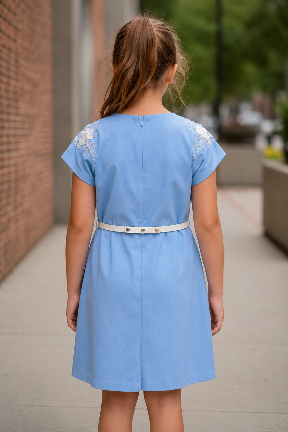 Girls Sky Blue Floral Embroidered A-Line Dress with Bow Belt