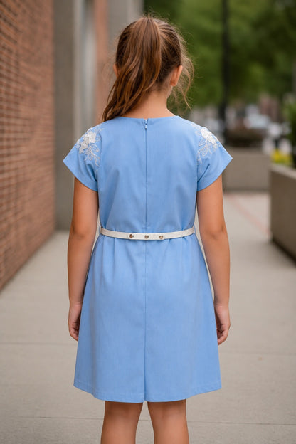 Girls Sky Blue Floral Embroidered A-Line Dress with Bow Belt