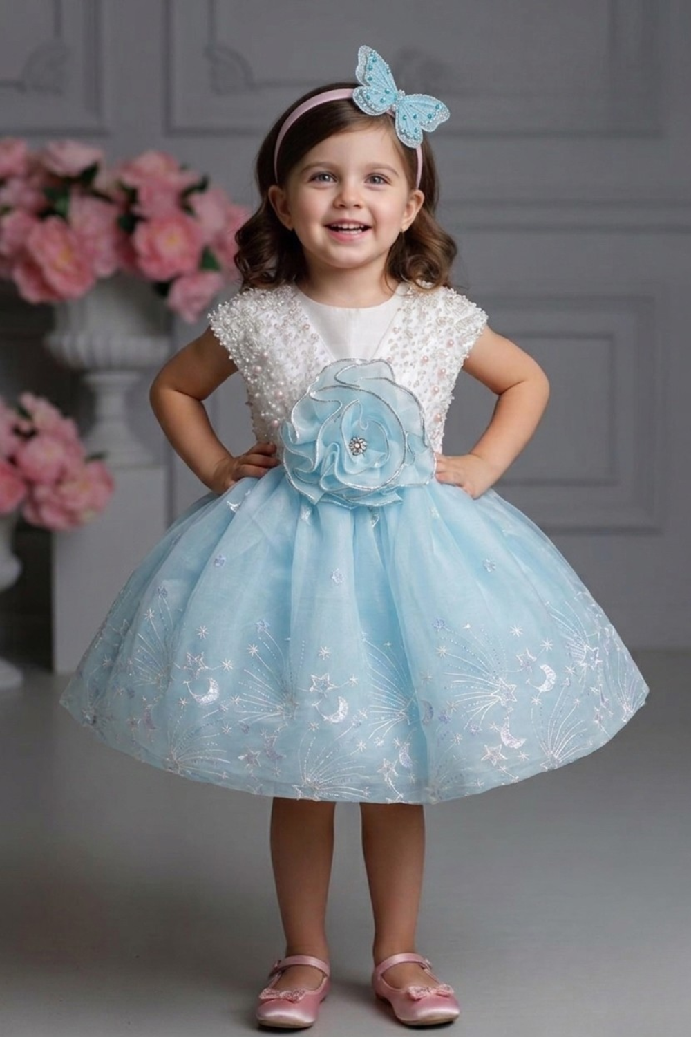 Powder Blue Pearl Embellished Party Frock with 3D Floral Accent