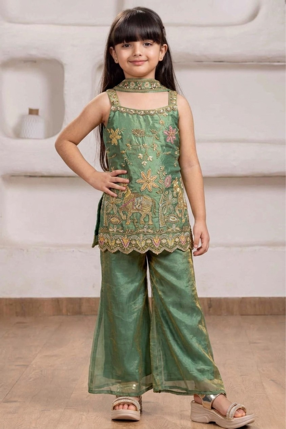 Emerald Green Embroidered Kurta Set with Palazzo & Dupatta