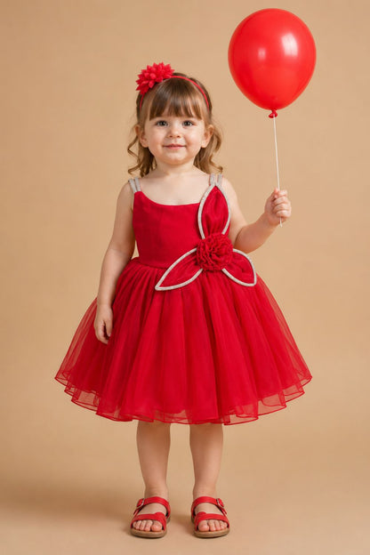 Girls Red Floral Appliqué Party Frock