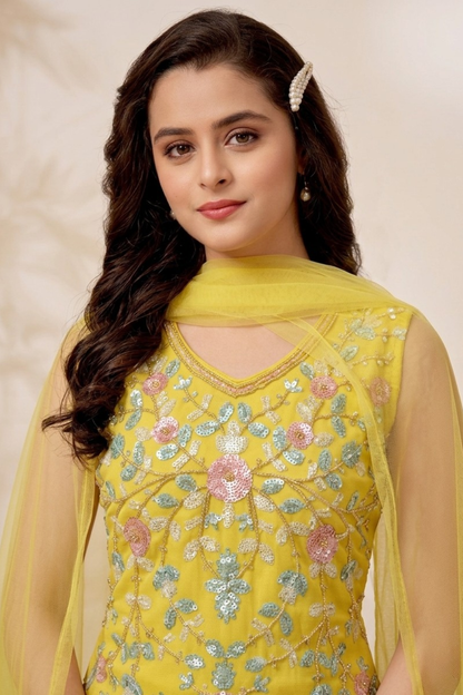 Mustard Yellow Embroidered Crop Top & Palazzo Set for Girls