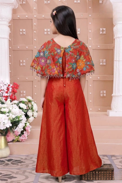 Girls Rust Red Floral Embroidered Cape Palazzo Set