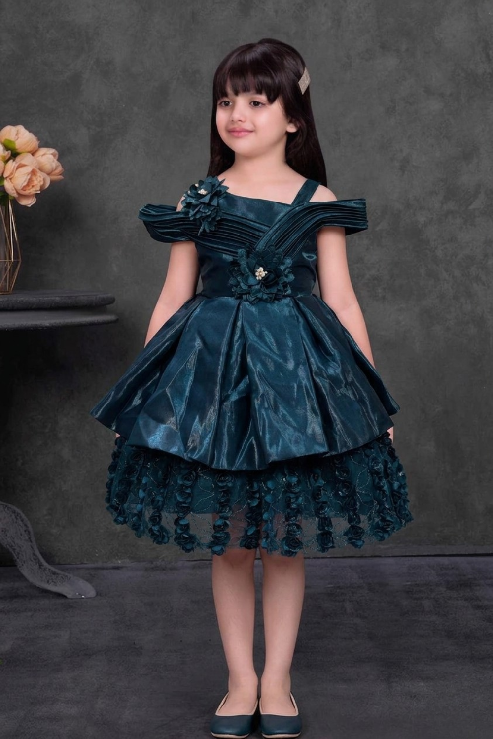 Emerald Green Off-Shoulder Party Frock with Floral Applique & Layered Hem