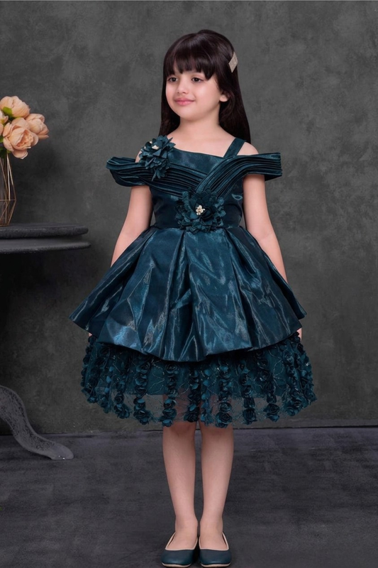 Emerald Green Off-Shoulder Party Frock with Floral Applique & Layered Hem