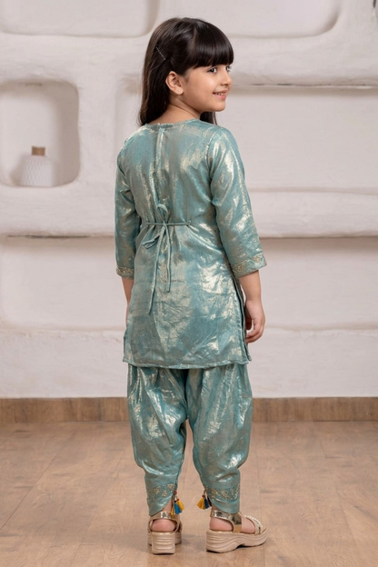 Sea Green Embroidered Kurta & Dhoti Pant Set for Girls