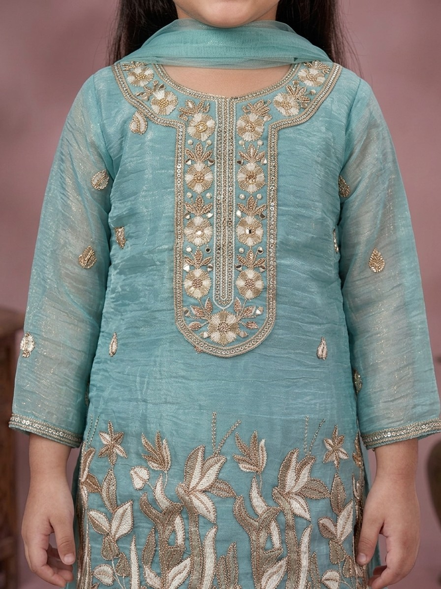 Powder Blue Embroidered Kurta Set for Girls with Dupatta