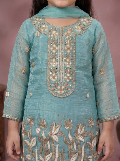 Powder Blue Embroidered Kurta Set for Girls with Dupatta