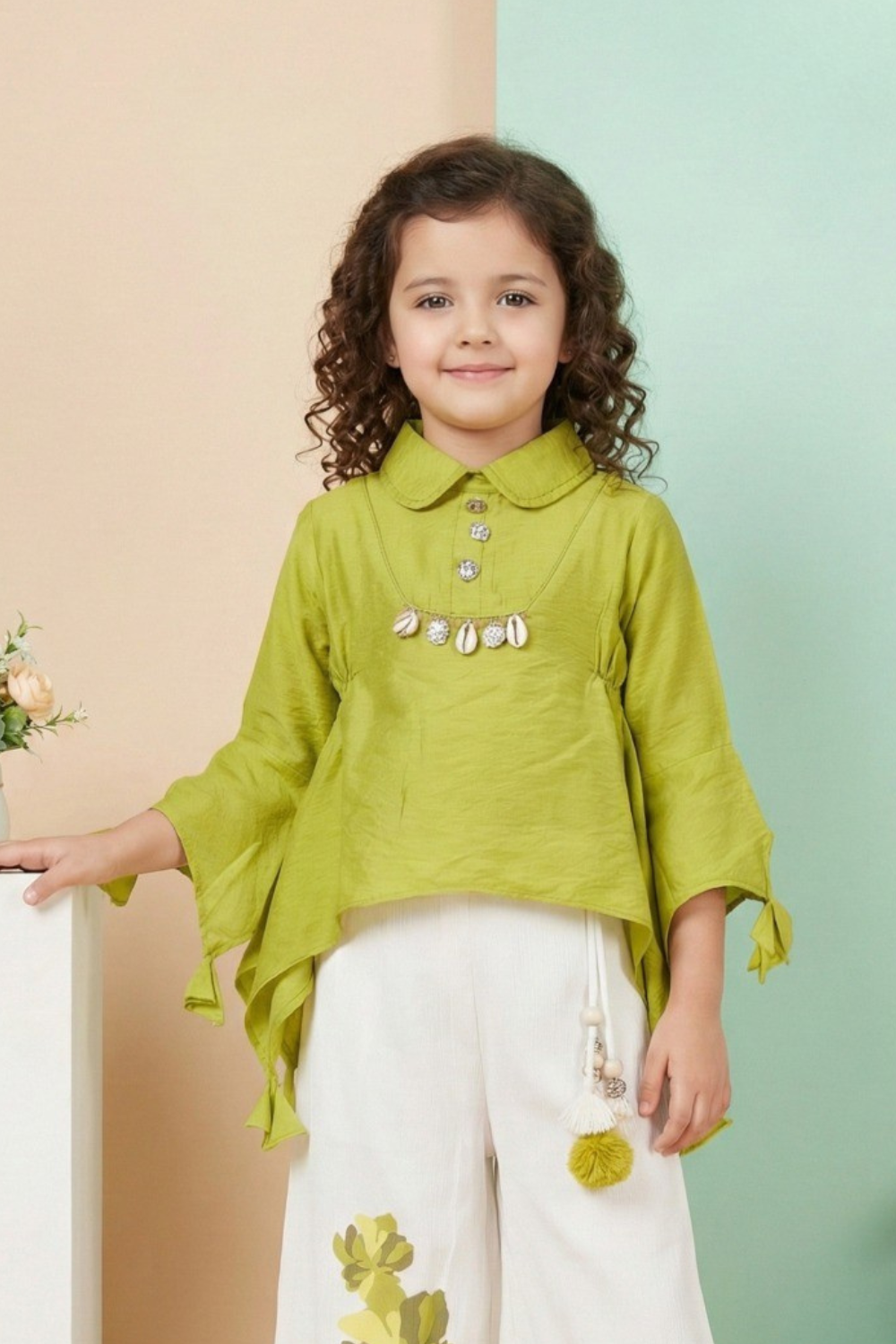 Lime Green Asymmetric Top & White Palazzo Set for Girls – Chic Western Co-ord