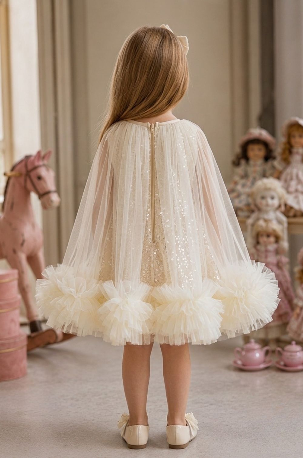 Girls Cream Sequin Tulle Party Frock with Statement Bow & Ruffle Hem