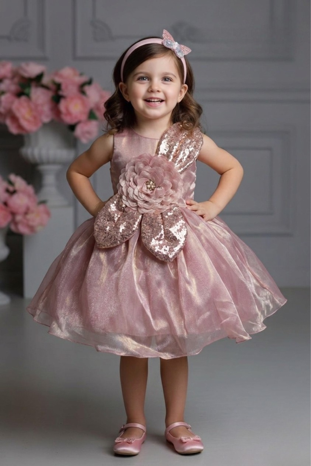 Blush Pink Shimmer Party Frock with Floral Applique & Sequin Bow Detail