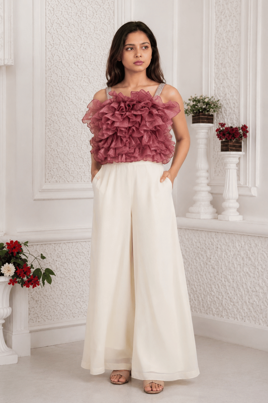 Girls Onion Ruffle Organza Top with Ivory Wide-Leg Palazzo Co-Ord Set