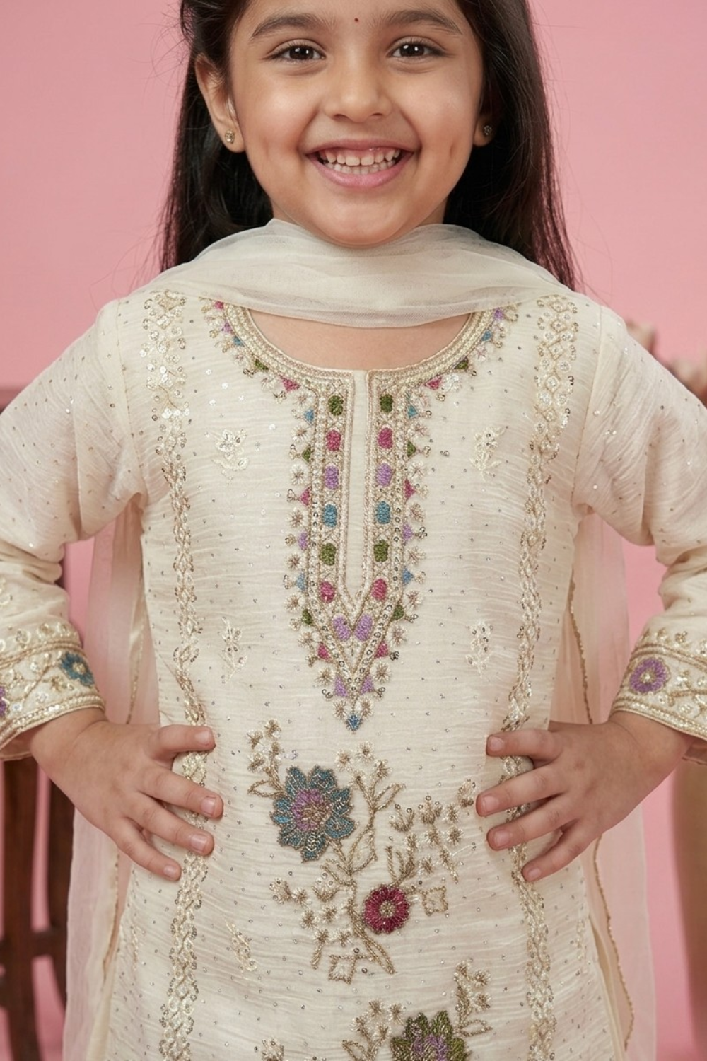 Ivory Chinon Embroidered Kurta & Palazzo Set for Girls with Dupatta